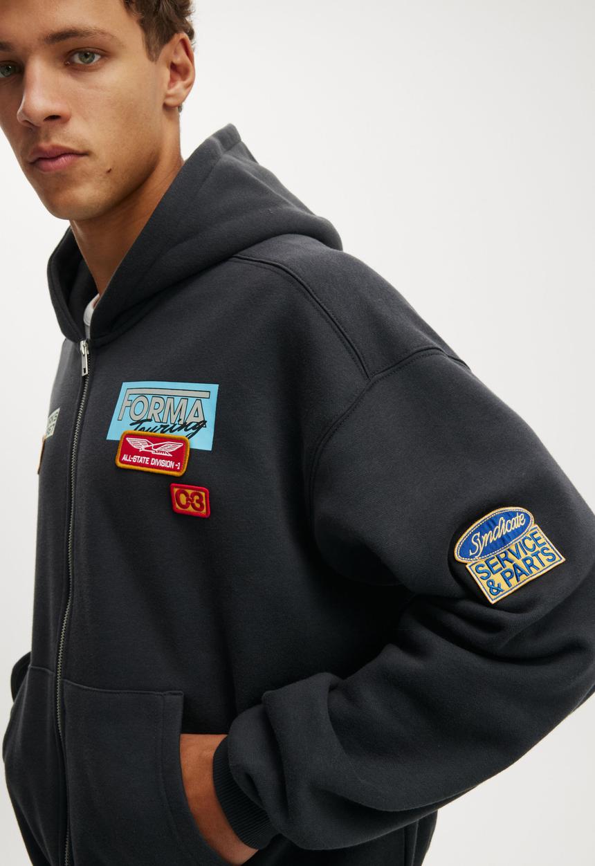 Cotton On - Cropped Zip Up Graphic Hoodie - Washed Black/ Skyworks