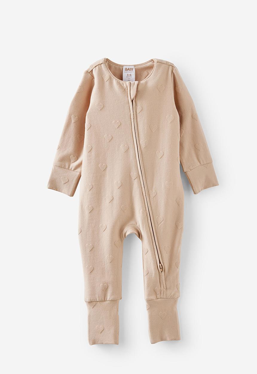 Cotton On - The Long Sleeve Zip Romper - Latte Cream/Textured Heart