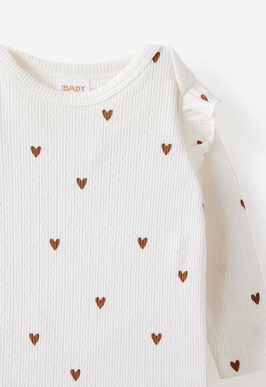 Cotton On - Organic Pointelle Long Sleeve Bubbysuit - Milk/Heart