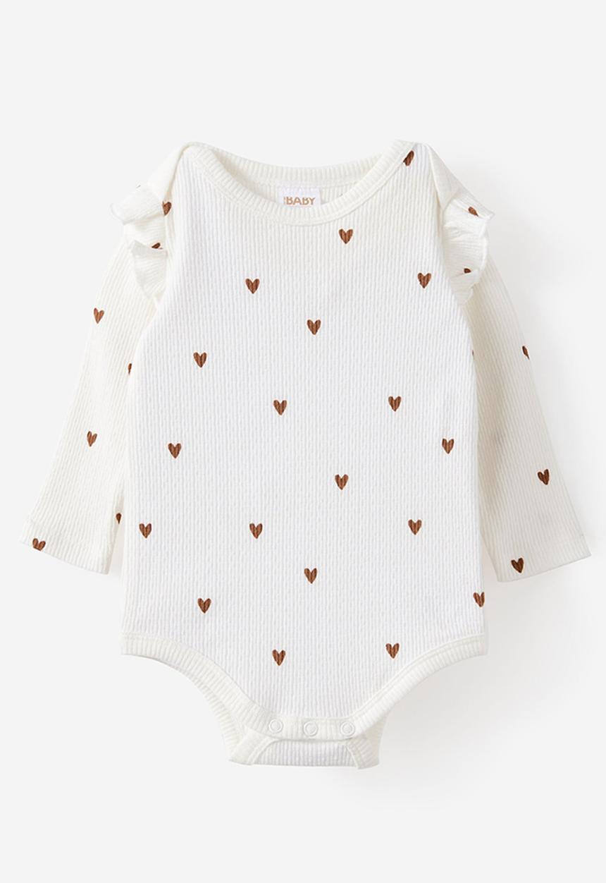 Cotton On - Organic Pointelle Long Sleeve Bubbysuit - Milk/Heart