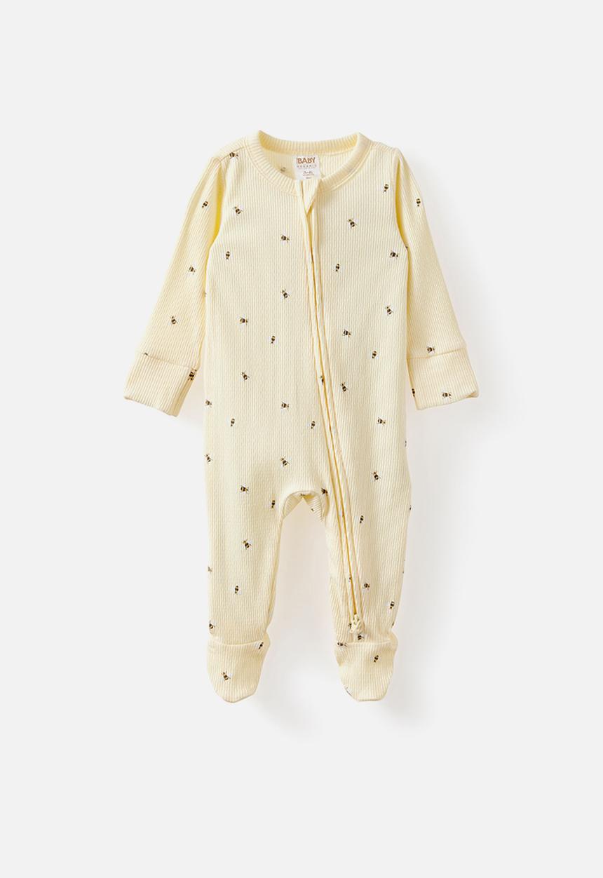 Cotton On - Organic Pointelle Long Sleeve Bubbysuit - Lemon Squash/Honey Bees