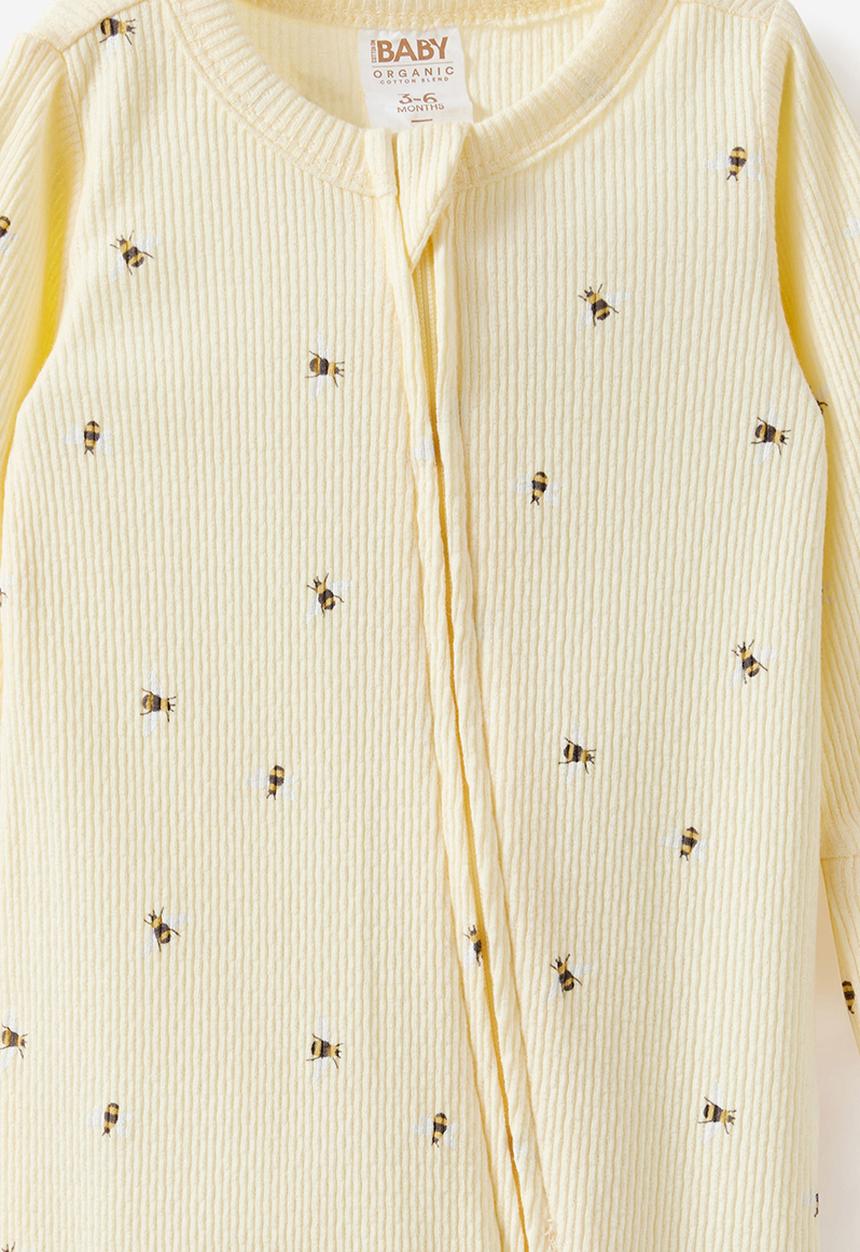 Cotton On - Organic Pointelle Long Sleeve Bubbysuit - Lemon Squash/Honey Bees
