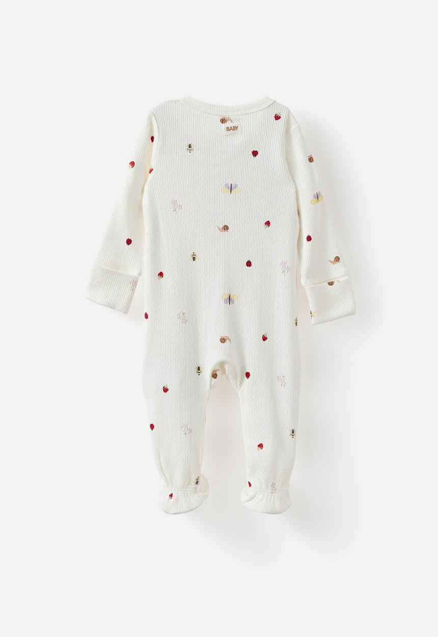 Cotton On - Organic Pointelle Long Sleeve Bubbysuit - Milk/Forst Floor Friends