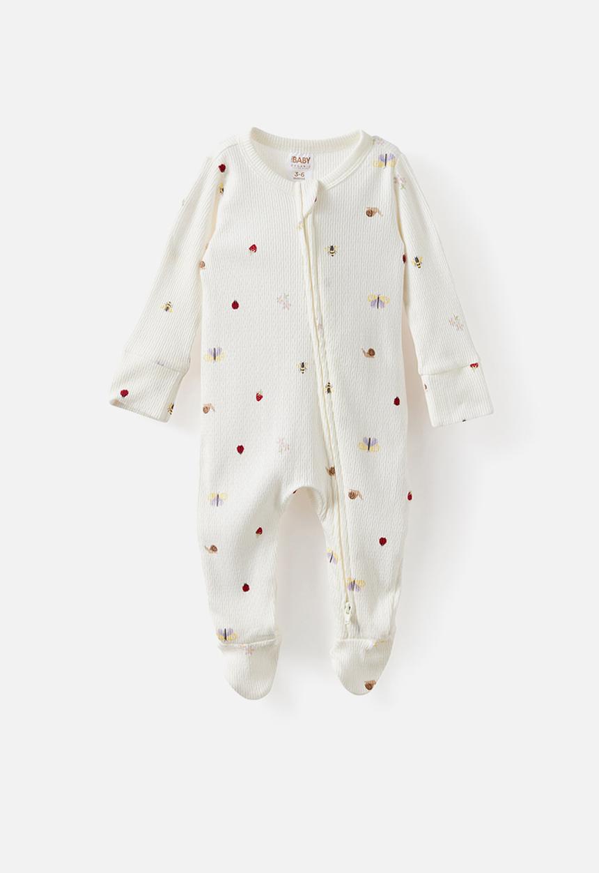 Cotton On - Organic Pointelle Long Sleeve Bubbysuit - Milk/Forst Floor Friends
