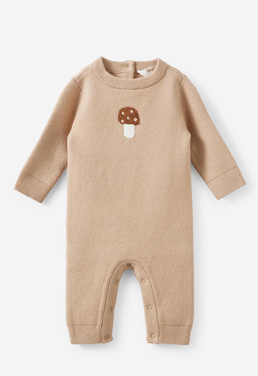 Cotton On - Organic Knit Long Sleeve All In One - Latte Cream/Mushroom