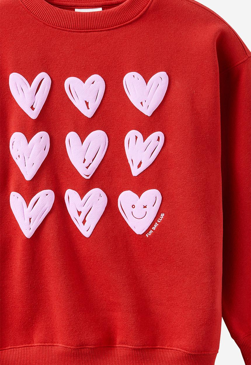 Cotton On - Sammy Oversized Crew - Varsity Red/Heart Drawn Fun Day