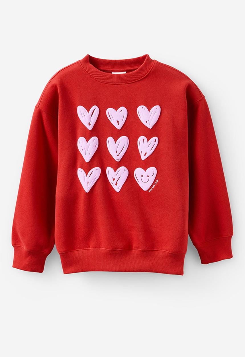Cotton On - Sammy Oversized Crew - Varsity Red/Heart Drawn Fun Day