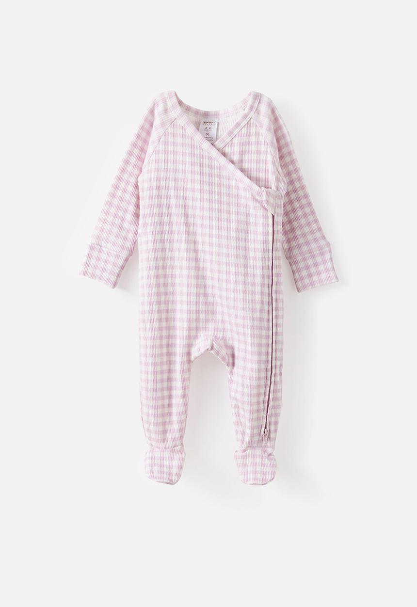 Cotton On - Organic Pointelle Wrap Zip Romper - Thistle/Gingham