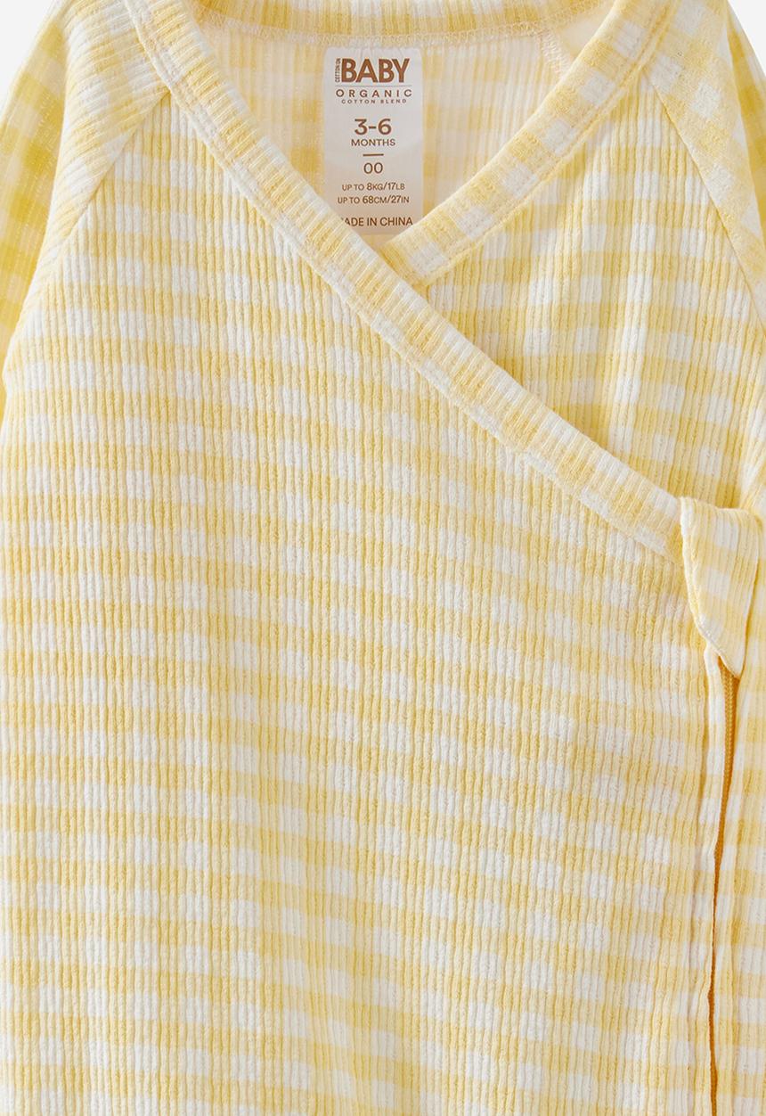 Cotton On - Organic Pointelle Wrap Zip Romper - Lemon Squash/Gingham