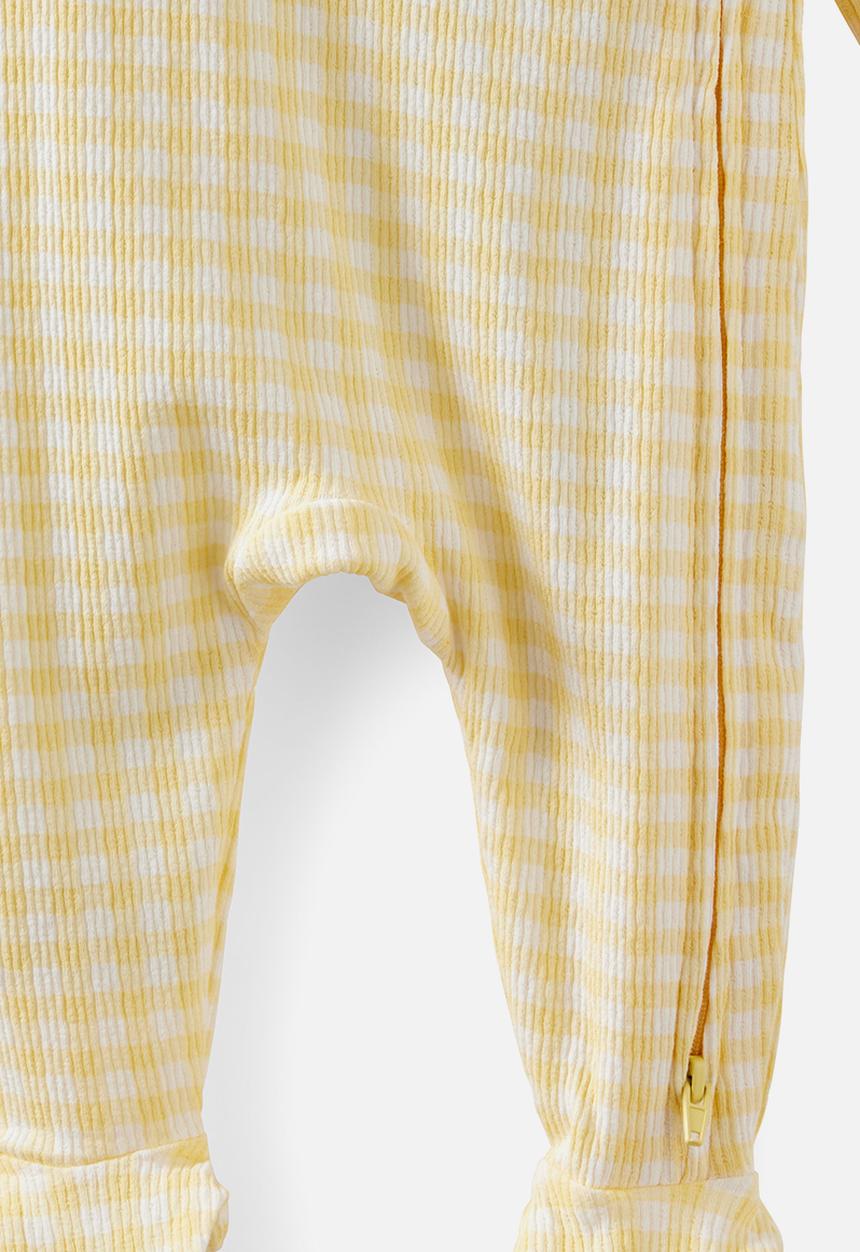 Cotton On - Organic Pointelle Wrap Zip Romper - Lemon Squash/Gingham