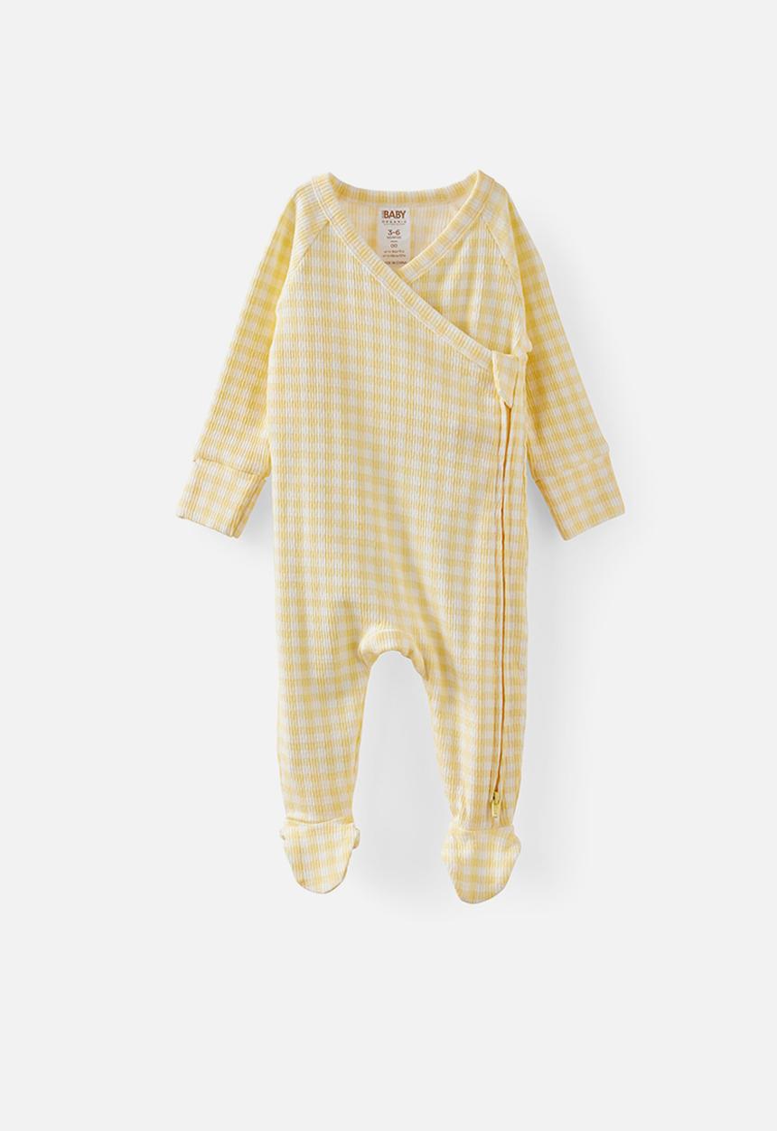 Cotton On - Organic Pointelle Wrap Zip Romper - Lemon Squash/Gingham