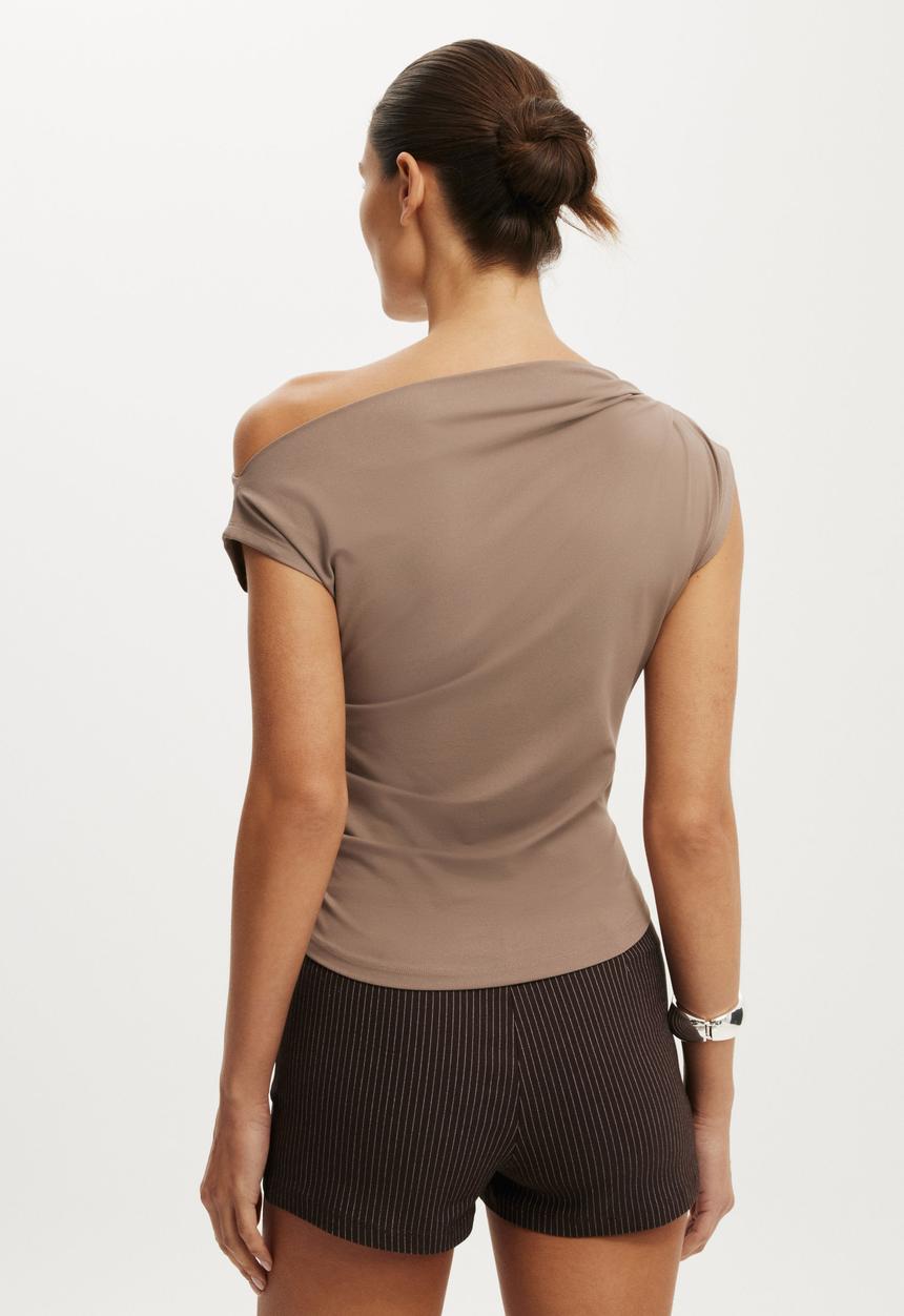 Cotton On - Georgie off shoulder belt short sleeve - washed mocha