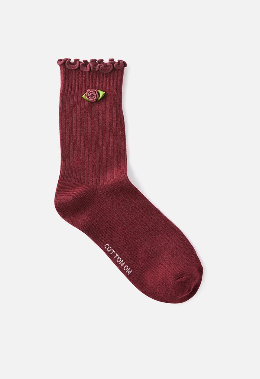 Cotton On - Rosette frill ribbed crew sock - sour cherry