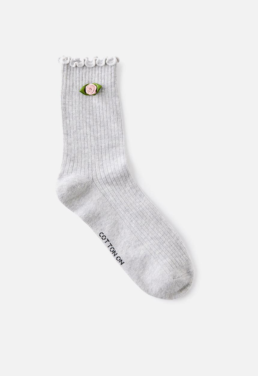 Cotton On - Rosette frill ribbed crew sock - grey marle