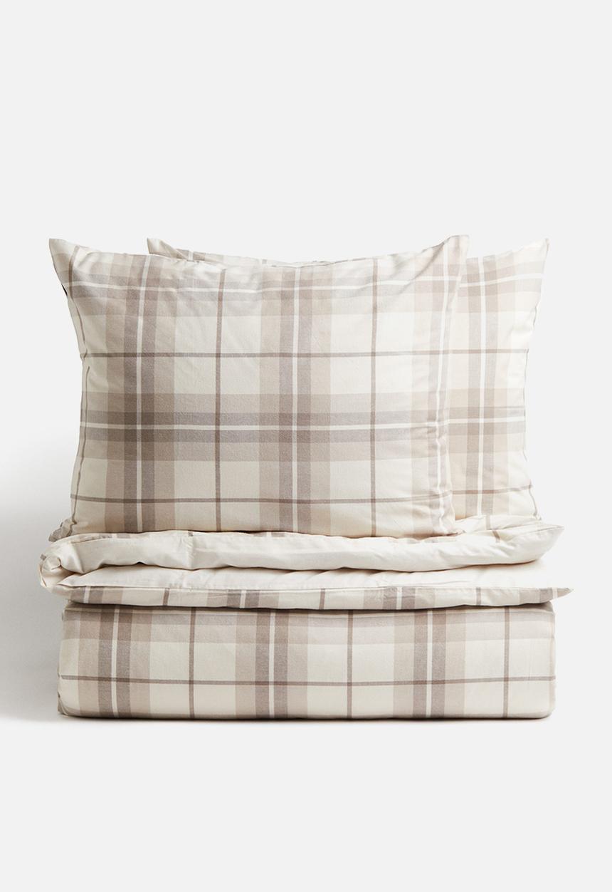 H&M - Flannel double/king duvet cover set - beige/checked
