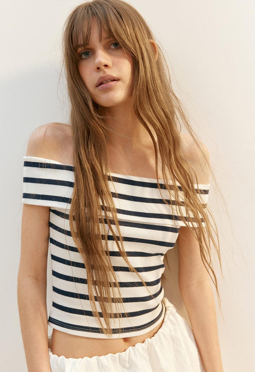 H&M - Ribbed off-the-shoulder top - white/striped