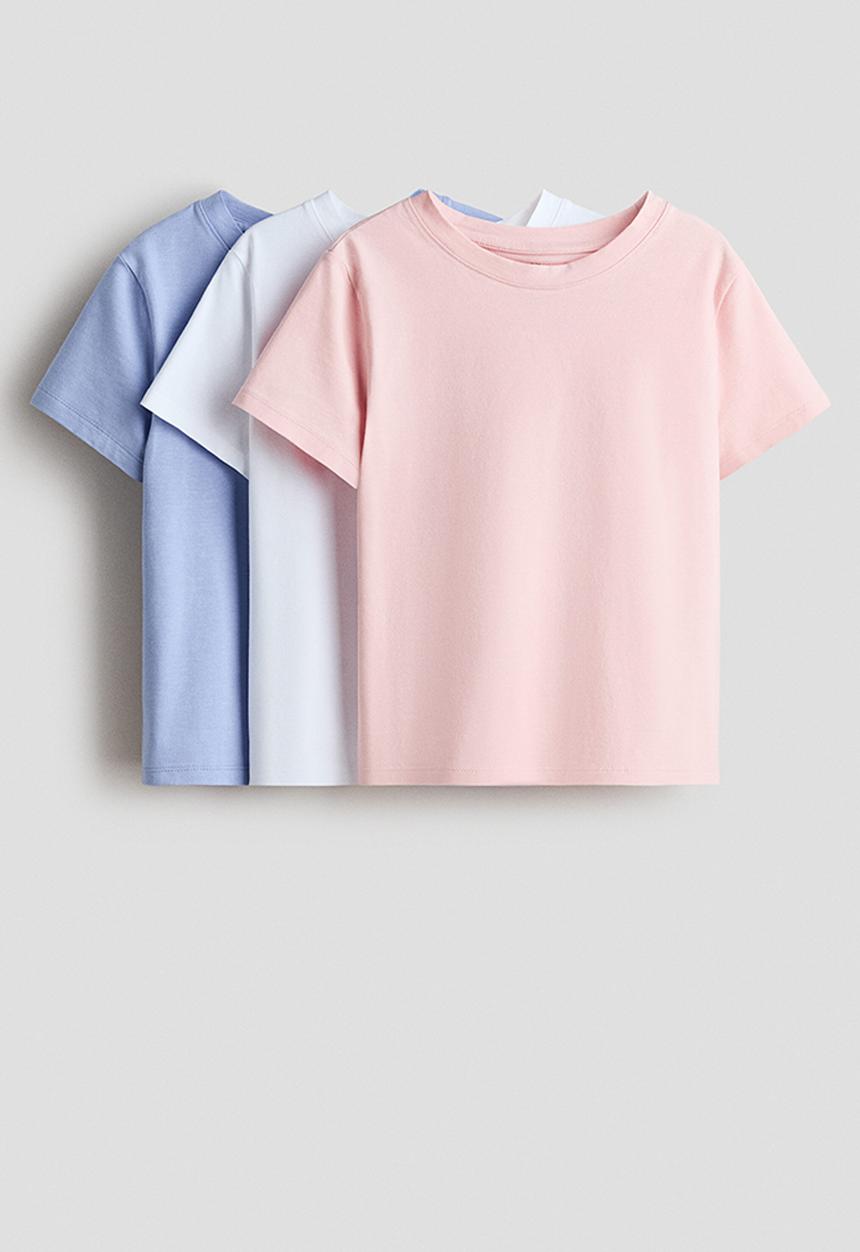 H&M - 3-pack cotton tops - light pink/white/light blue