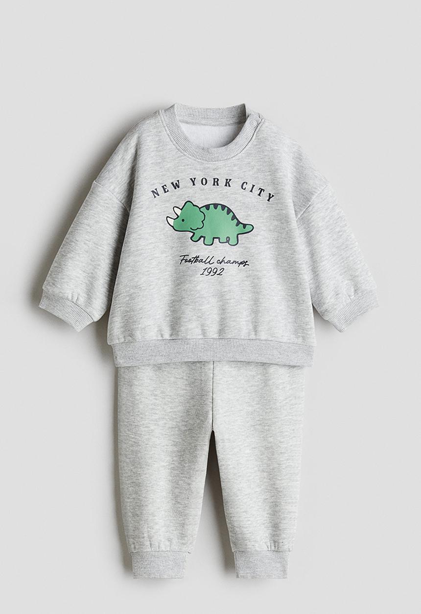 H&M - 2-Piece printed brushed-inside sweatshirt set - light grey marl/new yo