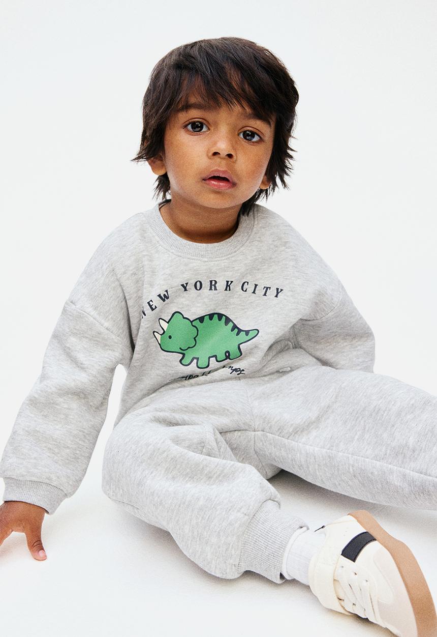 H&M - 2-Piece printed brushed-inside sweatshirt set - light grey marl/new yo