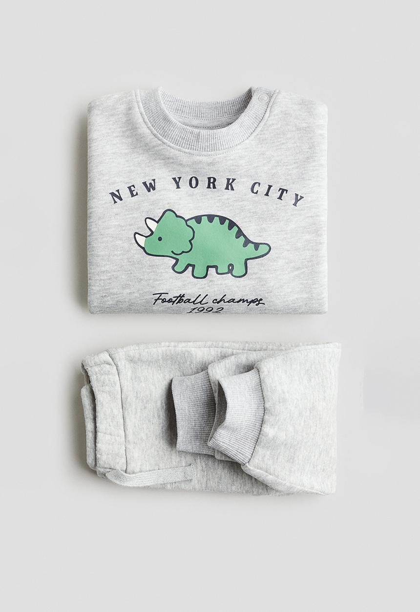 H&M - 2-Piece printed brushed-inside sweatshirt set - light grey marl/new yo