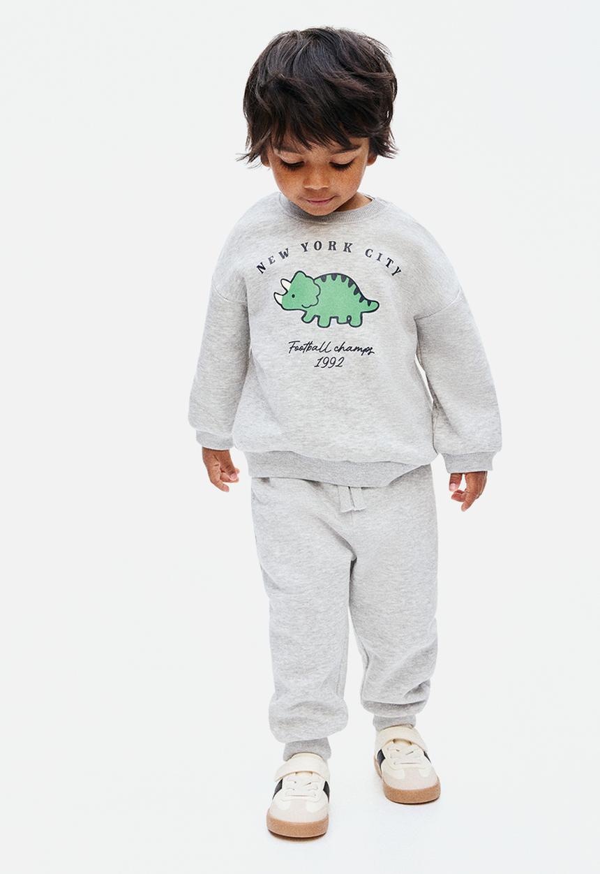 H&M - 2-Piece printed brushed-inside sweatshirt set - light grey marl/new yo