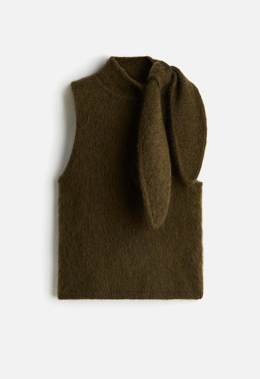 H&M - Mohair-blend scarf-collar top - dark khaki green