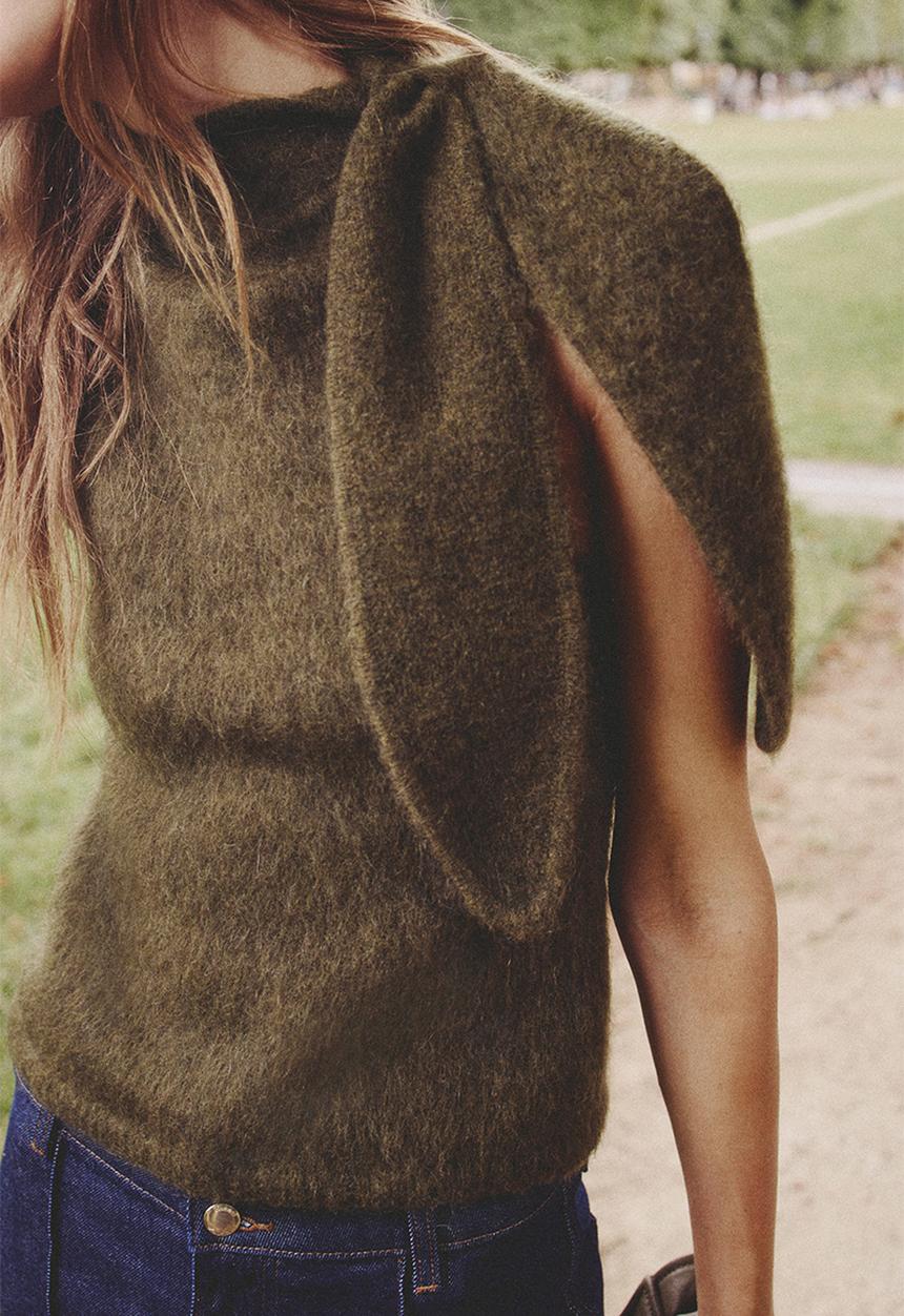 H&M - Mohair-blend scarf-collar top - dark khaki green