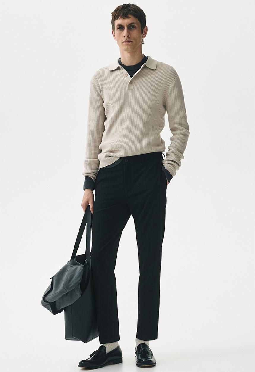 H&M - Slim fit rib-knit polo shirt - light beige