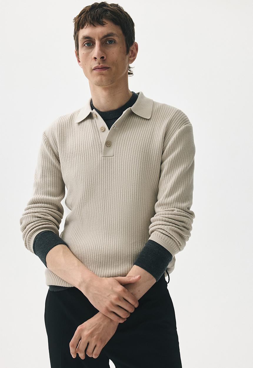 Slim fit rib-knit polo shirt - light beige - 1288143001
