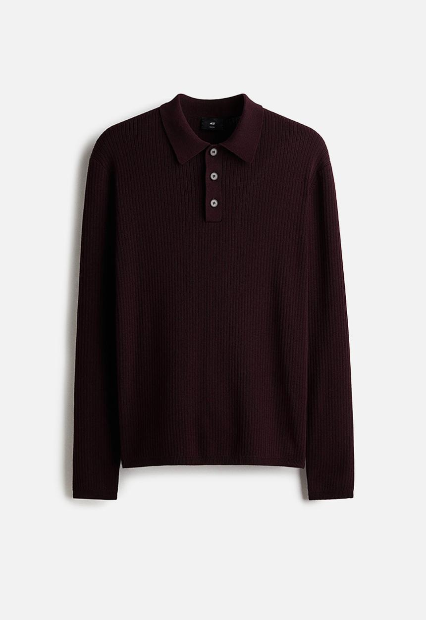 H&M - Slim fit rib-knit polo shirt - dark burgundy