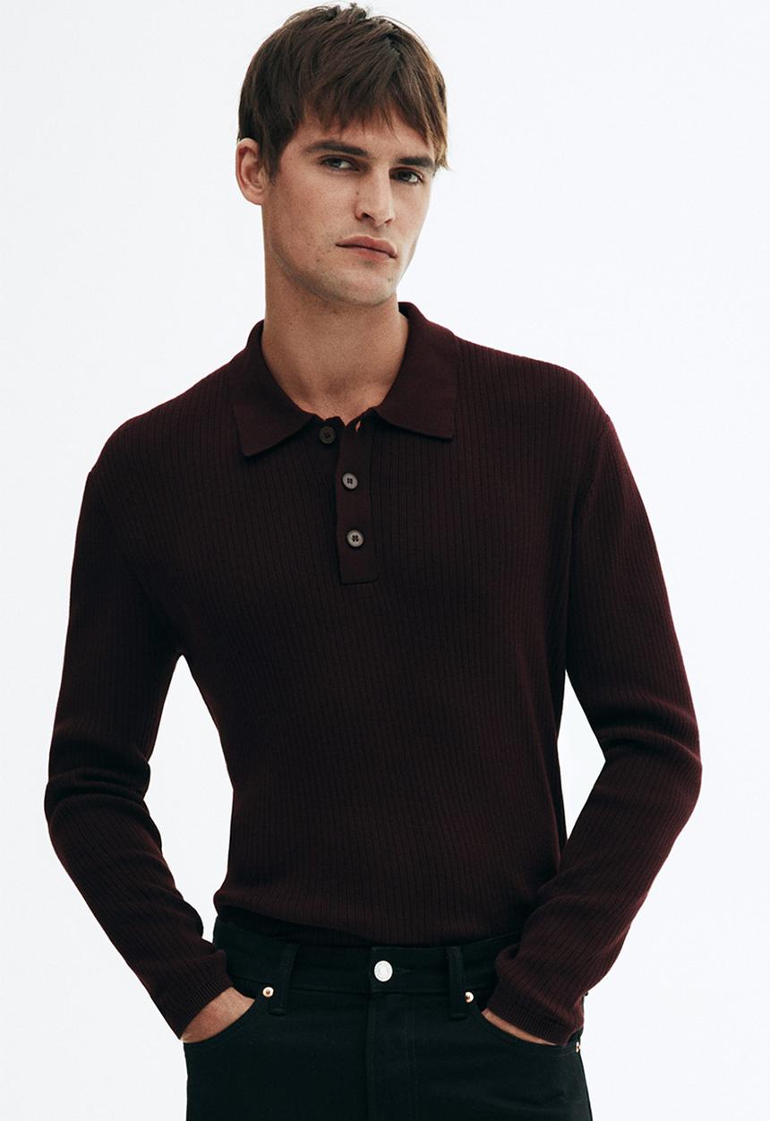 H&M - Slim fit rib-knit polo shirt - dark burgundy