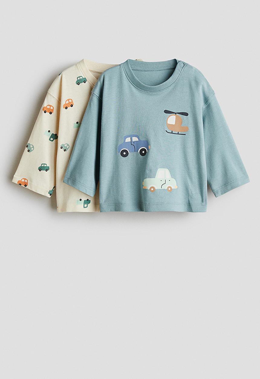 H&M - 2-Pack long-sleeved cotton T-shirts - turquoise cars