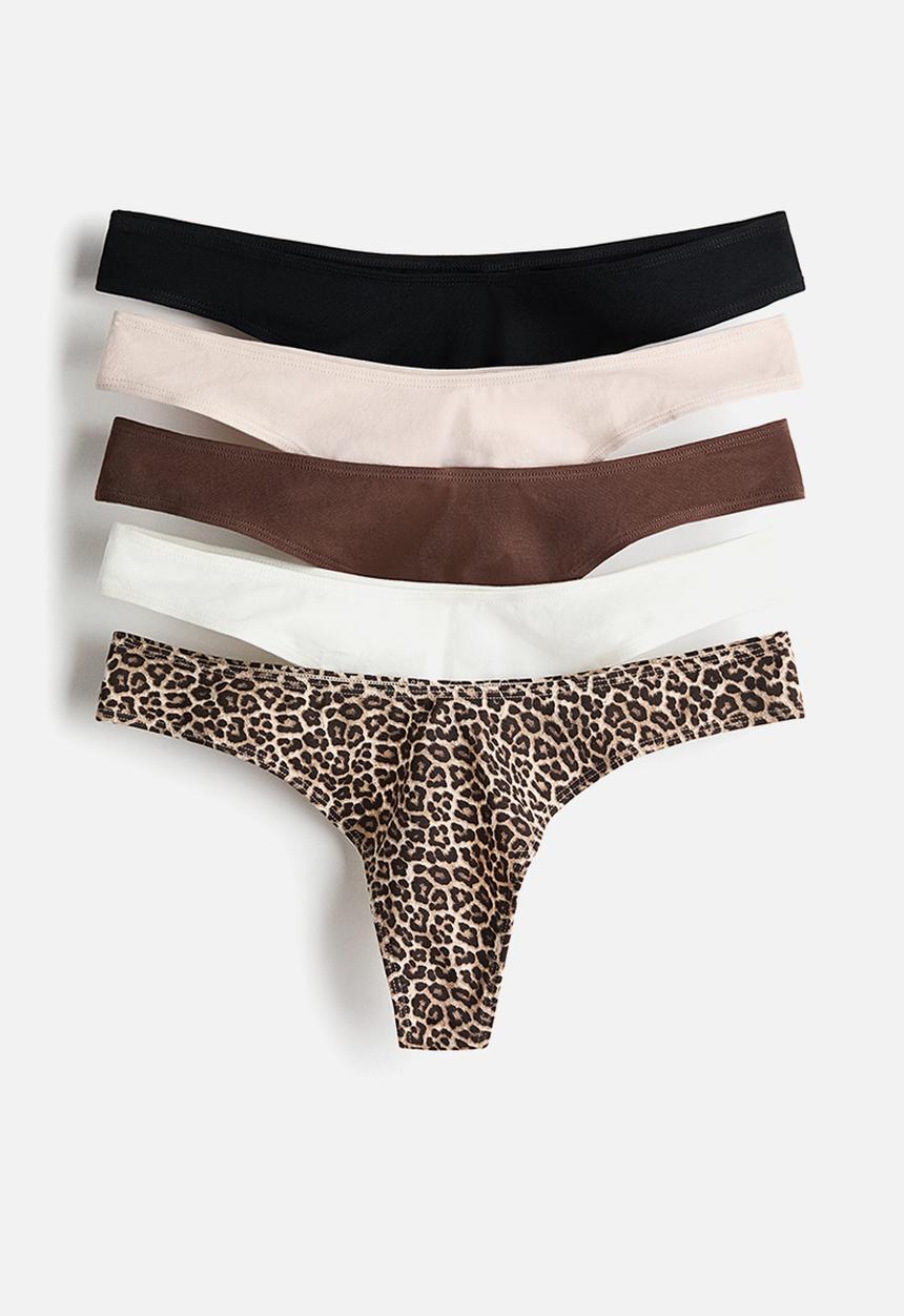 H&M - 5-pack cotton thong briefs -dark brown/leopard print 