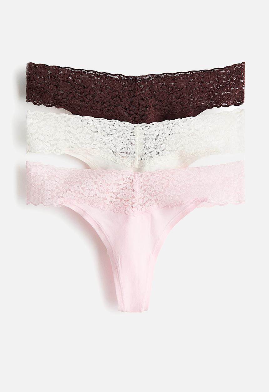 H&M - 3-pack cotton and lace thong briefs - white,brown,pink