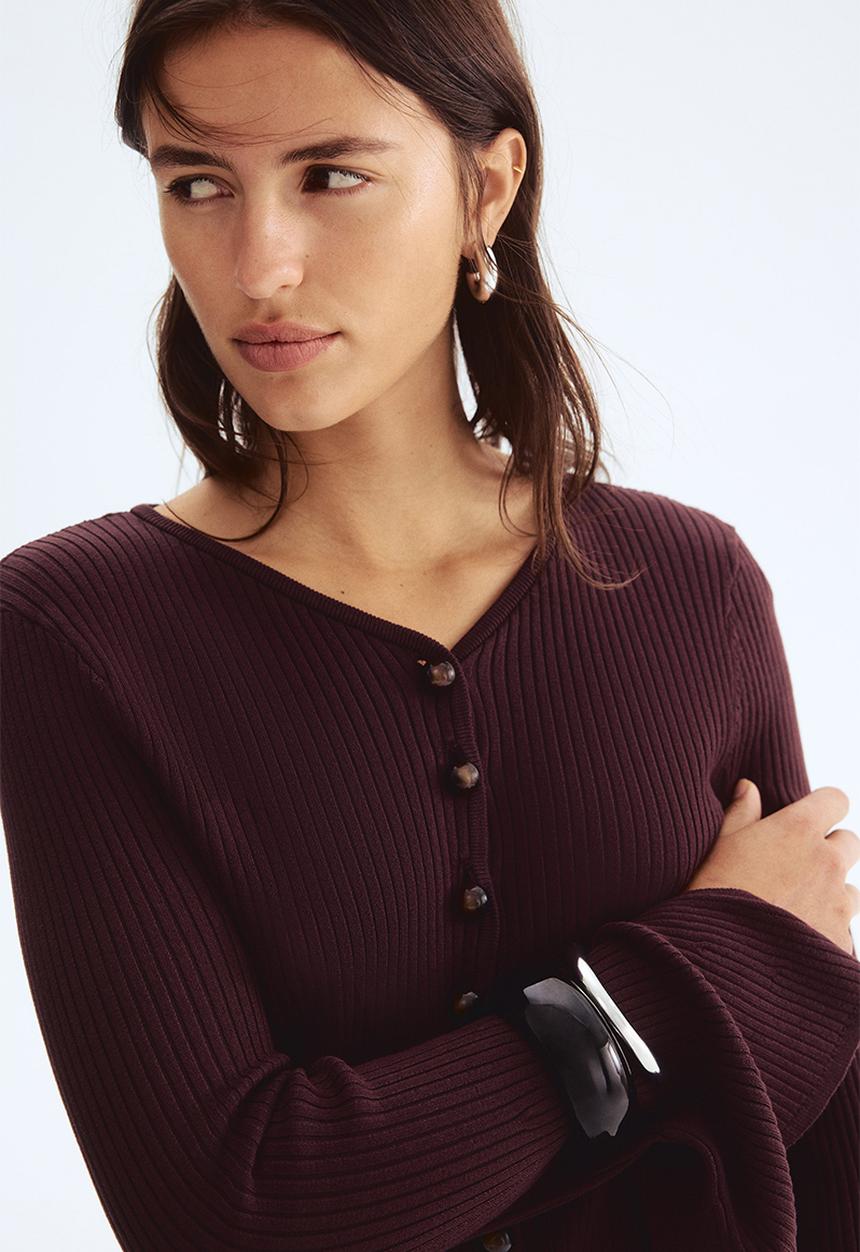 Rib-knit cardigan - dark brown - 1300632001