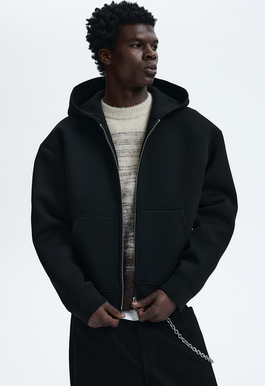 Loose fit scuba zip-through hoodie - black - 1304459001
