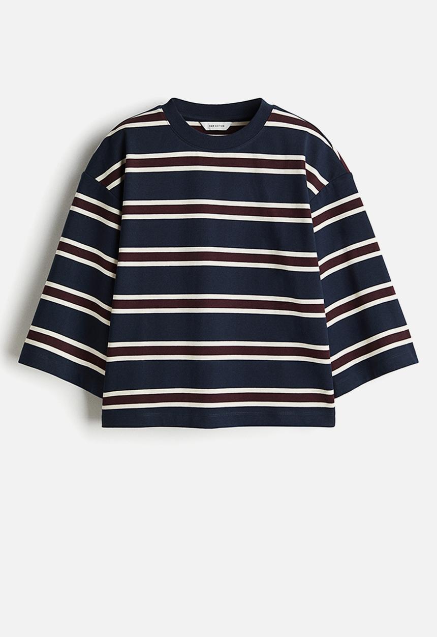 H&M - Loose-fit cotton top - navy blue/striped