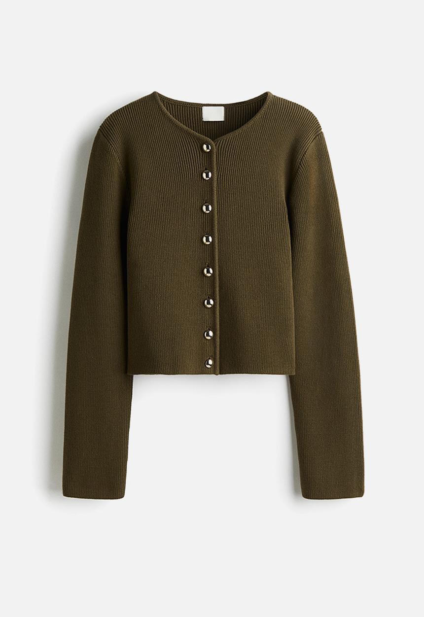 rakuCONJUGATION KNIT CARDIGANカーキ Rib-knit cotton cardigan - dark khaki green - 1295261002