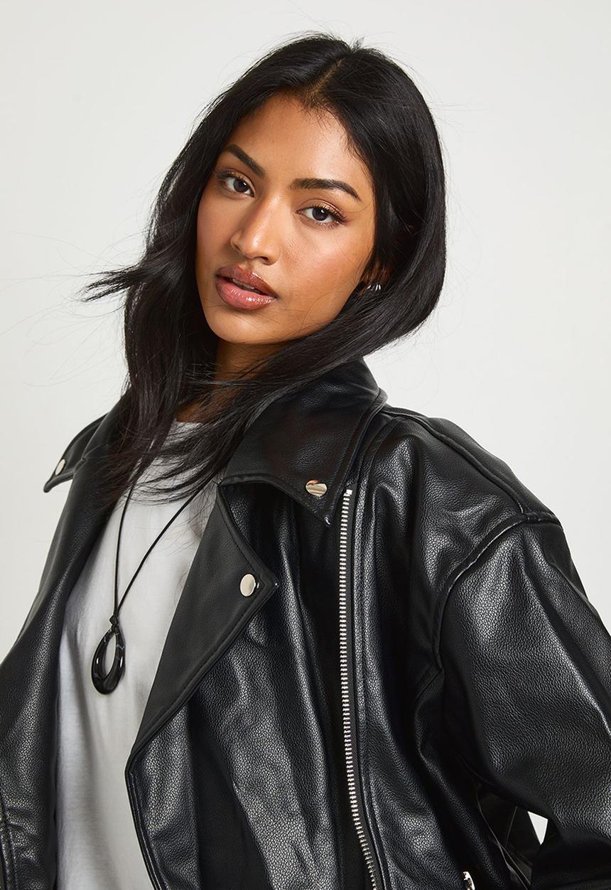 boohoo - Super oversized belted biker jacket - black