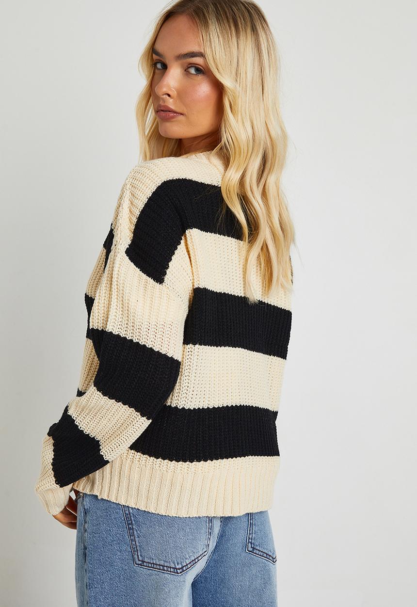 Stripe fisherman rib knit crop cardigan - oatmeal