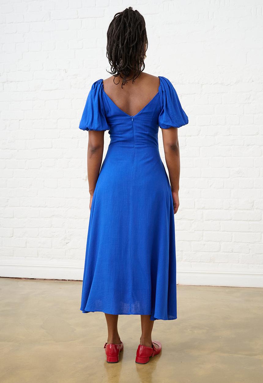 Me&B - Cobalt Linen Blend Dress with Lace Up Detail - Blue