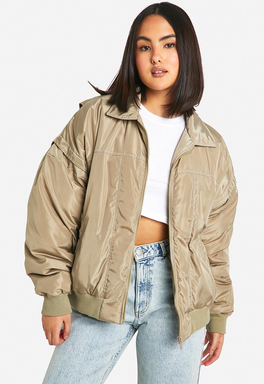 boohoo - Contrast stitch detail oversized bomber jacket - sage