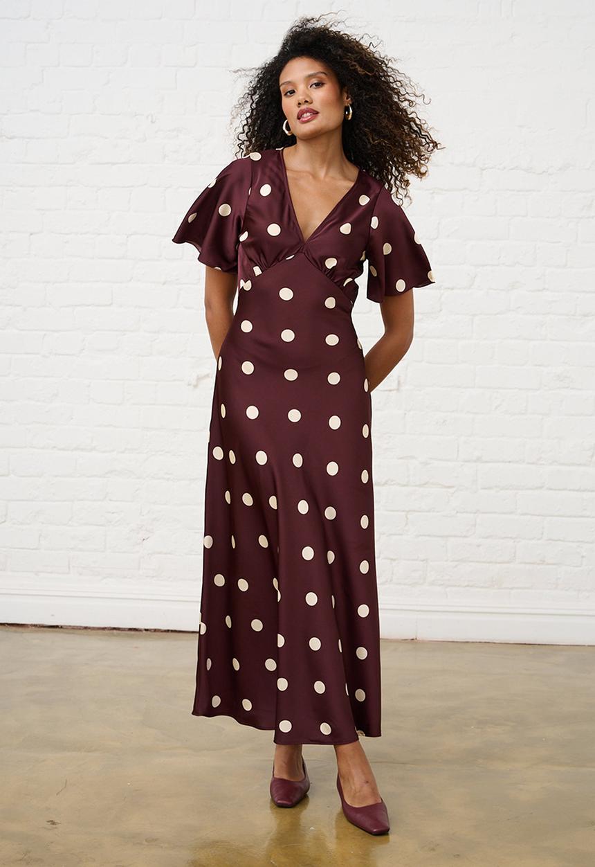 Me&B - Spot Satin Maxi Dress with Sleeve - Burgundy