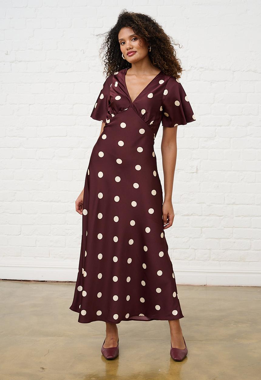 Me&B - Spot Satin Maxi Dress with Sleeve - Burgundy