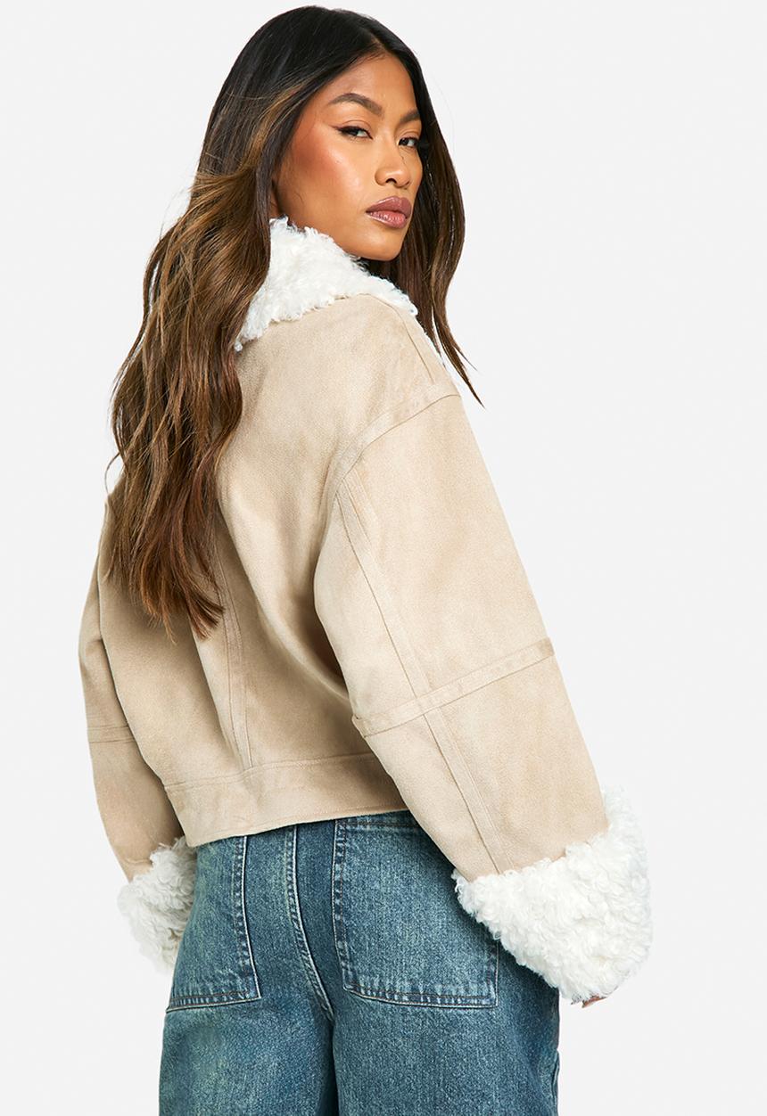 boohoo - Teddy faux fur trim biker jacket - stone