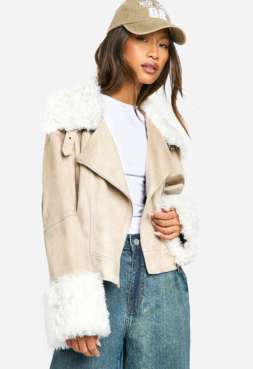 boohoo - Teddy faux fur trim biker jacket - stone