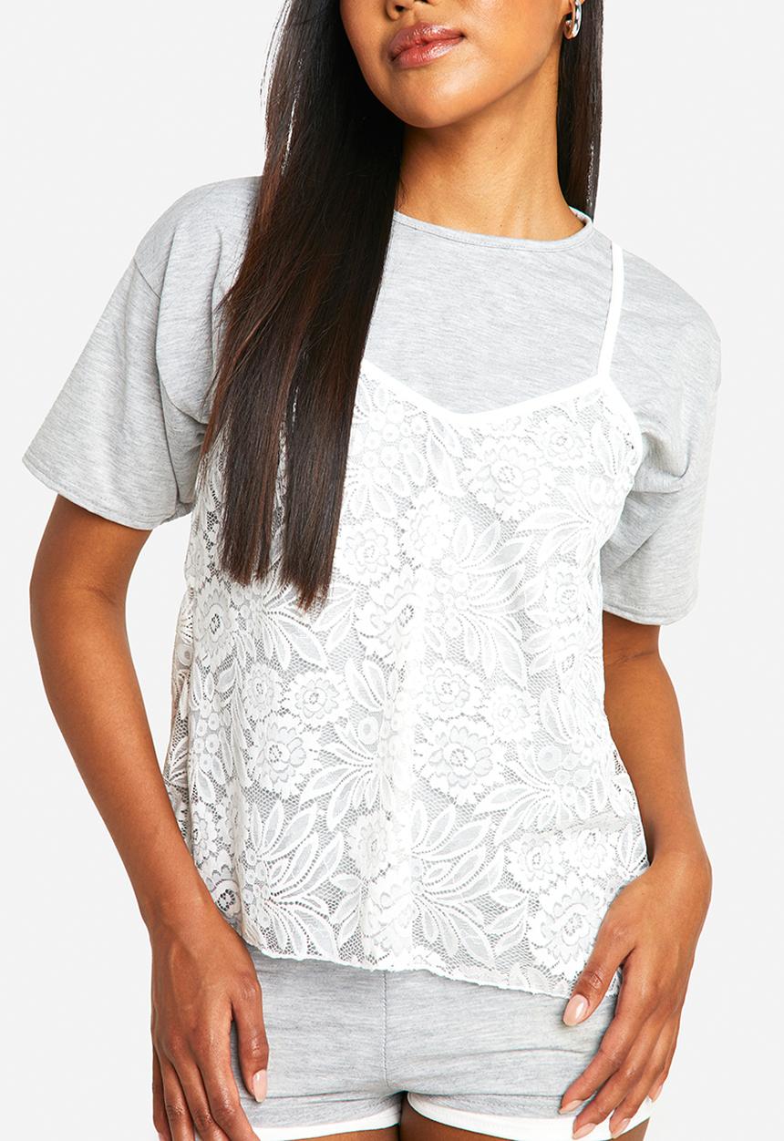 boohoo - Lace layer T-shirt - grey marl