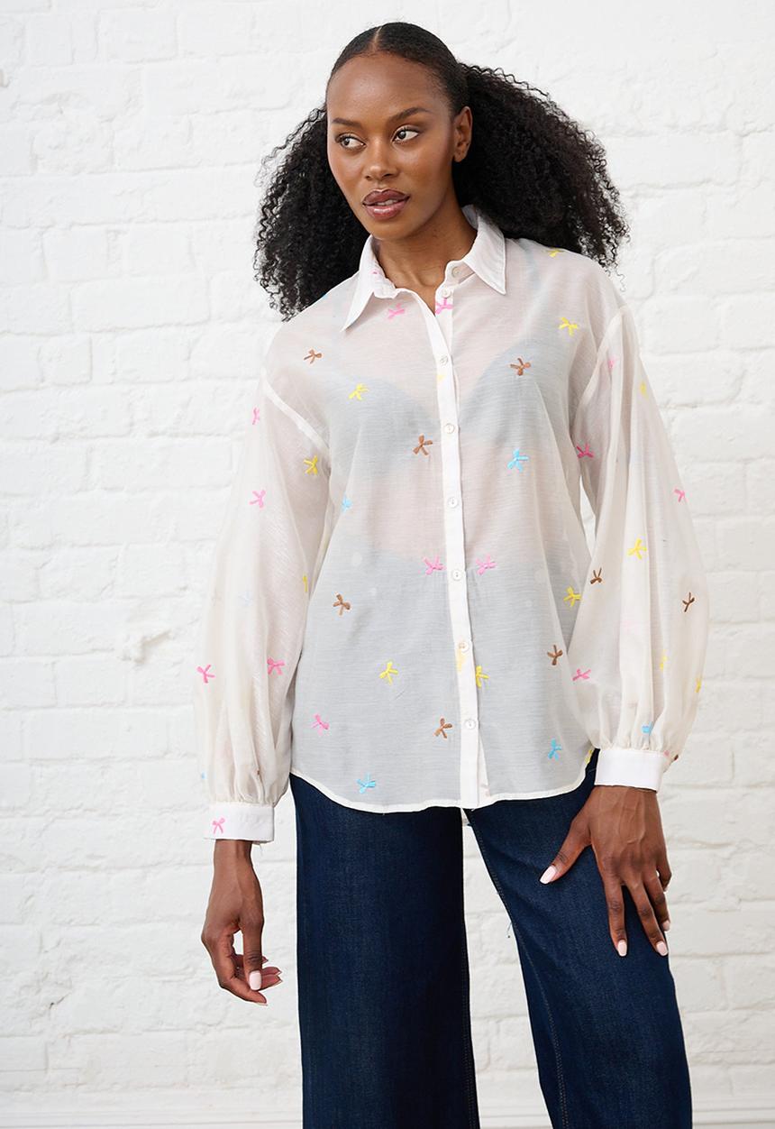 Me&B - Bellow Sleeve Shirt in Embroidered Bows - White