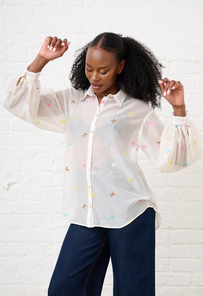 Me&B - Bellow Sleeve Shirt in Embroidered Bows - White