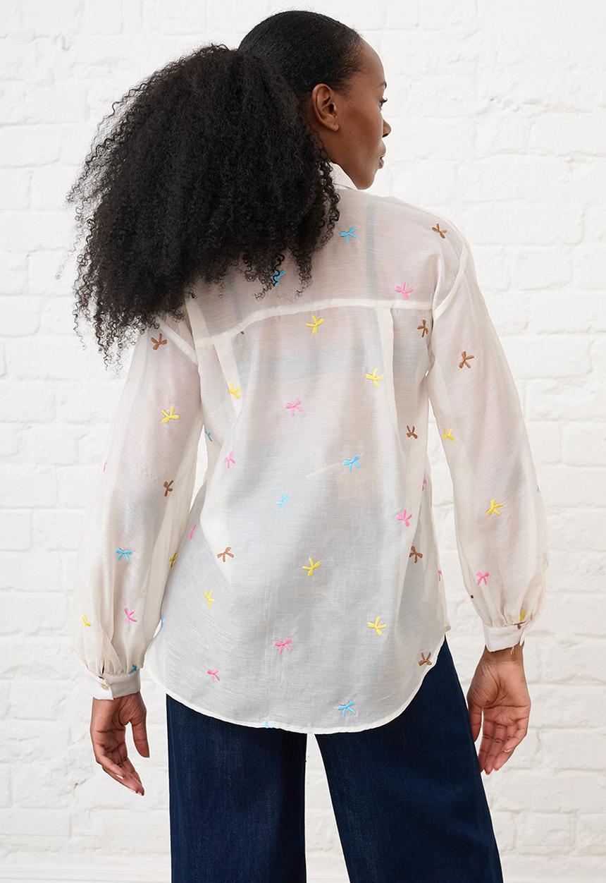 Me&B - Bellow Sleeve Shirt in Embroidered Bows - White